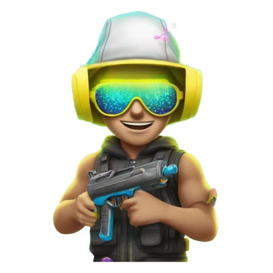 Caucasian boy in glowing rave outfit with mask, sunglasses, and headgear, firing hundreds of bubbles out of a water gun sticker