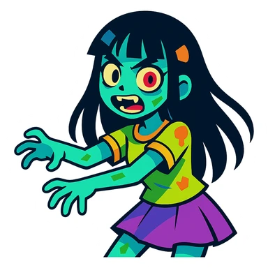 a zombie girl with black long hair and bangs, vibrant anime style, bright colors, dynamic sticker