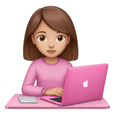 Девушка с коричневыми волосами и карими глазами сидит за ноутбуком розового цвета  sticker