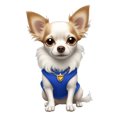 Long-haired white Chihuahua with reddish brown markings wearing royal blue pajamas sticker