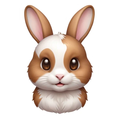 Cinematic Cute White and Brown Rabbit Portrait Emoji, Head tilted playfully and inquisitively, featuring a silky fur with a delicate mix of white and brown patches, round, sparkling eyes filled with curiosity, Simplified yet irresistibly adorable features, highly detailed, glowing with a warm, friendly glow, high shine, affectionate and lively, stylized with a touch of whimsy, bright and endearing, soft glowing outline, capturing the essence of a mischievous yet loving bunny, so playful it feels like it could hop out of the screen and into your arms! sticker