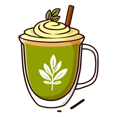 matcha latte with leaf detail, warm olive-brown tones, soft dreamy illustration sticker