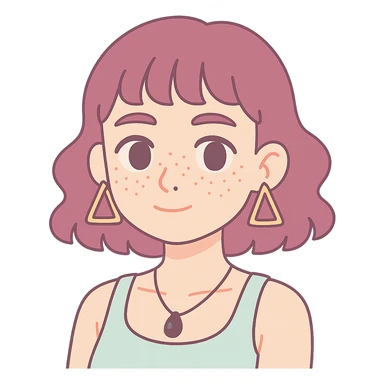 white woman with freckles, teardrop nose piercing, wavy wine purple hair to shoulders, short bangs, triangular hoop earrings, black stone necklace, tank top, thick eyebrows, large brown eyes, anime style, sensual sticker
