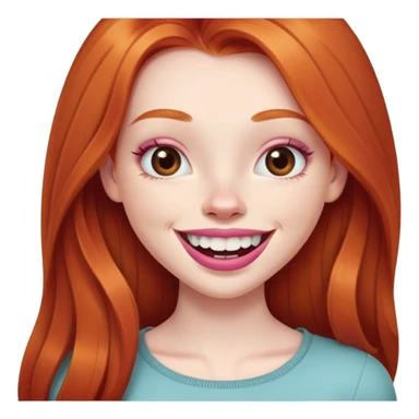 Young girl with pale skin, full pink lips smiling with big teeth, very long straight ginger red hair, bigger nose, deep brown eyes, big mouth sticker