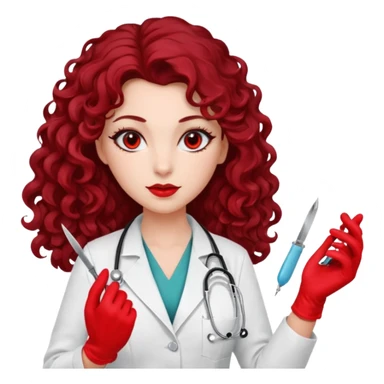 Lilith scalpel in hand, evil surgeon outfit.  She has red eyes. She has dark brown long curly hair. Wears sexy doctor outfit with red gloves sticker