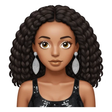 Solange with dark brown long hair, black sequin crop top, silver earring sticker