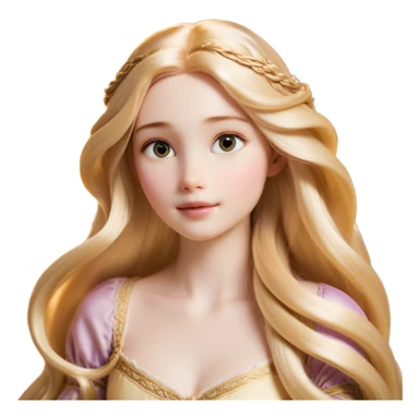 Cinematic Realistic Rapunzel Portrait, with porcelain-like skin featuring a subtle, natural glow, illuminated by soft lighting that brings out the gentle contours of her face. Her long, golden blonde hair cascades in detailed waves, each strand highlighted with a radiant shimmer as it catches the light. Her bright, expressive green eyes exude curiosity and warmth, framed by delicate lashes and soft, arched brows. Her expression is playful and vibrant, with a gentle smile. She is dressed in her classic lavender and pink gown, the fabric textured with delicate folds that flow naturally, catching the light with a soft, radiant glow. The portrait captures a luminous, enchanting aura, seamlessly blending realism with a whimsical, fairytale charm, evoking a timeless sense of beauty and magic. sticker
