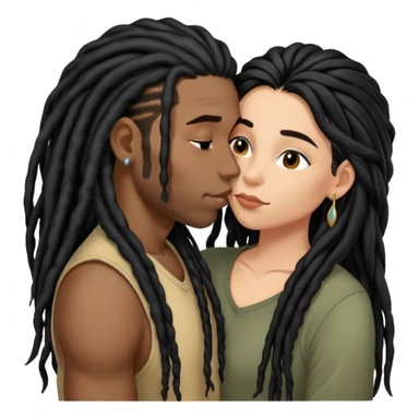 Latina Woman with long hair kissing a young black guy with dreads chin hair sticker