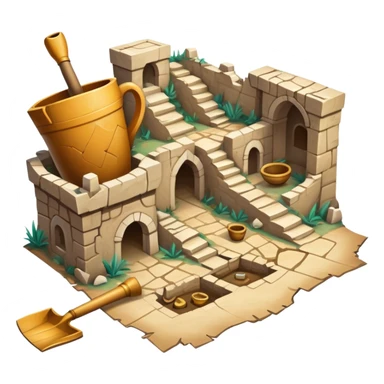 An icon showing an ancient city excavation site with uncovered ancient amphoras, an old map, and a shovel. The design captures the thrill of uncovering historical treasures and ruins. Transparent background highlights the excitement of archaeological discovery. sticker