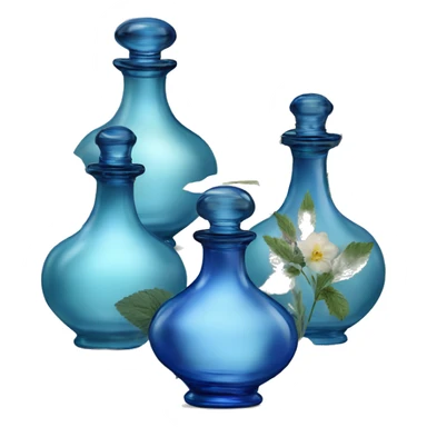 Four blue Antique oil perfume bottles with herbal and flowers sticker