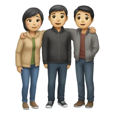 Three Asians standing side by side and looking at each other and hugging each other sticker