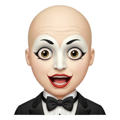 a bald cabaret actor with a white-painted face and heavily made-up eyes and mouth, a huge, wide-open mouth, and a startled look sticker