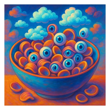 orecchiette pasta in a bowl, with surreal features like pasta pieces turning into clouds or eyes, vibrant and unusual palette sticker