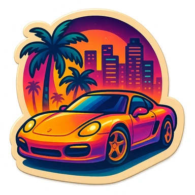 emoji inspired by Miami Vice, sports car, palm trees, neon cityscape sticker