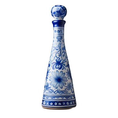 The Clase Azul Tequila bottle has a tall, hourglass-shaped ceramic body, hand-painted in white with cobalt blue floral designs. It’s topped with a distinctive gray, bell-shaped stopper that adds a final elegant touch. sticker