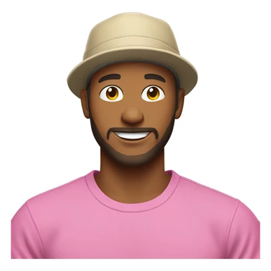 Man with dark blond hair and short beard, pink bucket hat and pink tshirt smiling sticker