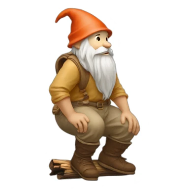 side view of gnome with light tan pants squatting above tiny brown log sticker