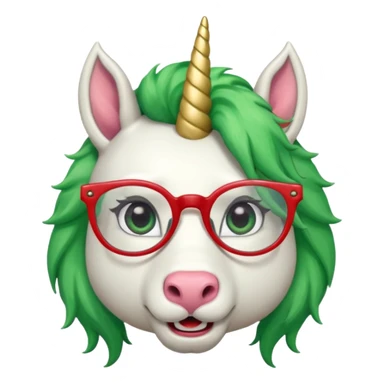 white furred unicorn with green hair and big red earrings looking into camera and spectacle and biiiggg earrings sticker
