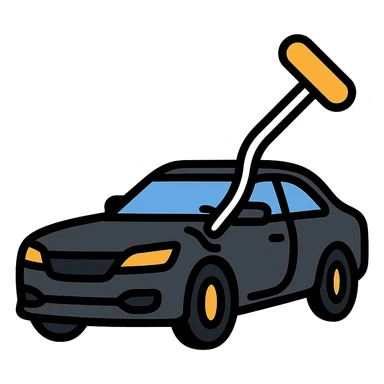 icon of a high-end black car with a subtle rod or hook tool touching a dent, matte black as main color, fine silver lines for contrast, simple style, focus on dent repair sticker