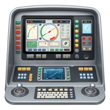 mission control console with buttons and screens showing rocket trajectory sticker