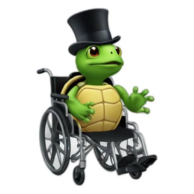 A turtle in a wheelchair wearing a top hat, no suit sticker