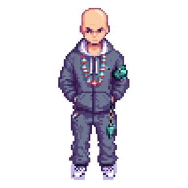 Pixel art thug in tracksuit, holding chain in Hand, bald head, angry expression, side view, retro arcade sprite
 sticker