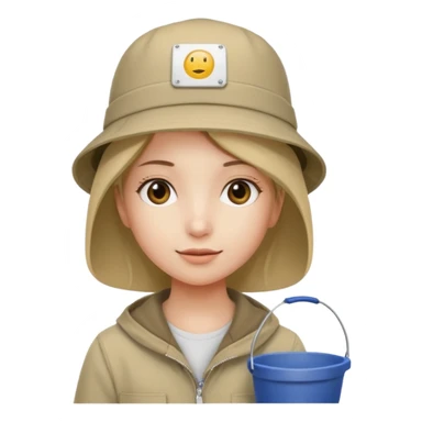 A girl with a khaki bucket hat on her head and a small detail in the form of a white rectangle with the inscription: "вйо до пригод" sticker