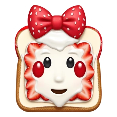 square toast topped with fluffy white cream, decorated with a strawberry bow made from two strawberry center, bright red and glossy sticker