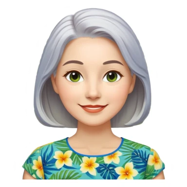 A woman with light complexion, oval face with soft rounded features, full cheeks, gentle almond-shaped eyes with subtle smile lines, longer silver-gray hair parted to the side, wearing a vibrant short-sleeved blouse with tropical print in blue, green, and yellow, exuding warmth and joy. sticker