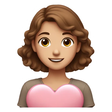 A European girl with brown hair and big brown eyes hugging a light pink heart and smiles a little bit  sticker