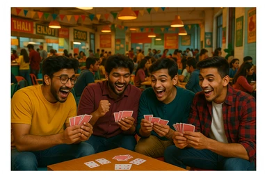 Add a lively Indian college canteen background while keeping the four boys playing tash as the main focus of the image. sticker