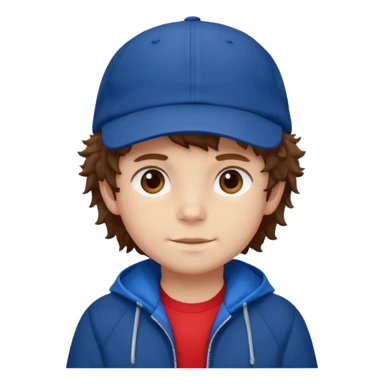 brown fluffy hair kid with blue and white cap dark blue jilet red t shirt sticker