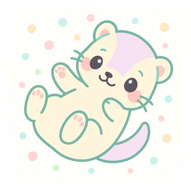 kawaii cartoon baby ferret, rolling on its back, playful, blushing cheeks, pastel palette, simple background sticker