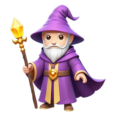 Clash of Clans aesthetic: Cinematic Playful Wizard Hero Emoji, rendered in a 3D vector-style similar to standard emojis with minimal shading and bold, simplified shapes. A compact, isometric figure draped in flowing enchanted robes and wielding a mystical staff, softly glowing with an arcane magical charm. Simplified yet unmistakably iconic, highly detailed and consistent, glowing with a soft radiant glow and high shine. Stylized with a touch of whimsical sorcery and a soft glowing outline, capturing the essence of a powerful wizard ready to cast spells with a friendly, playful spirit! sticker