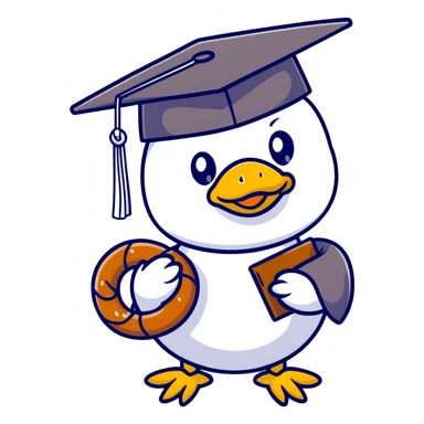 duck with bread graduation cap holding a pretzel sticker