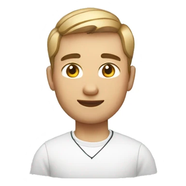developer with a MacBook and AirPods with white shirt and short hair sticker
