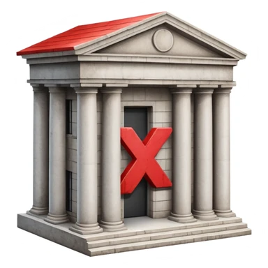 bank building with a single large red X over it sticker
