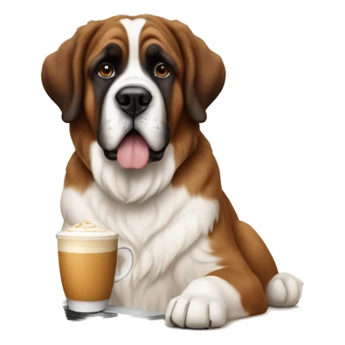 A Saint Bernard with a chai latte and a laptop sticker