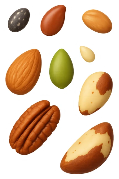 emoji stile iphone 3d di questi elementi che fluttuano in aria:

Semi di chia, lino, zucca, sesamo
Mandorle, noci pecan, noci brasiliane (porzioni limitate)

 che fluttuano sparse casualmente in aria, iperealistico 4k sticker