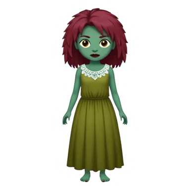 Faça uma garota com pele verde e que seja zombie, que tenha cabelo grande da cor vermelho marsala e que tenha uma franja e que seja liso mais enrolado nas pontas, e que esteja vestindo um sobre tudo(vestido sem alça) da cor branca  sticker