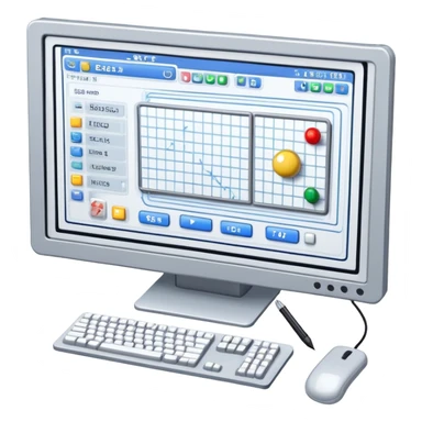Emoji for Game Design: computer screen with Professional game interface, 3D models, pixel art, and design tools like grid, wireframe, and stylus. Symbolizes the technical and creative process of game development. Transparent background. sticker