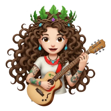 woman with long curly brown hair, brown eyes, white skin, tattoos, wearing a mushroom crown and tuning a neon vine guitar, mischievous rock grin sticker