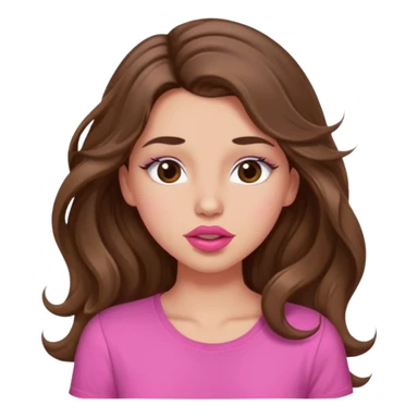 girl with long wavy brown hair, brown eyes, light to medium complexion, in a pink shirt, pink lips, long lashes, puckering lips kissing, winking sticker