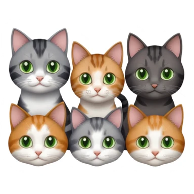 4 different coloured small cats including a dark grey and white, and a patchy calico, and a brown tabby and white,  and a completely solid dark grey with green eyes and only white paws sticker