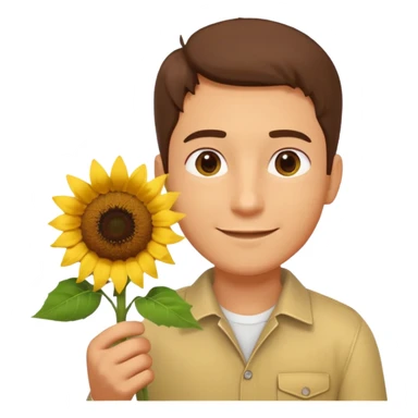 man holding a sunflower portrait, head and shoulders only, gentle smile, sunflower visible in hand, warm positive vibe, 3D cartoon style, mobile game icon style, clean background, no text, no watermark
 sticker