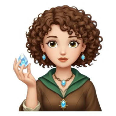 forest rogue woman short tight curly brown hair holding moon crystal sticker
