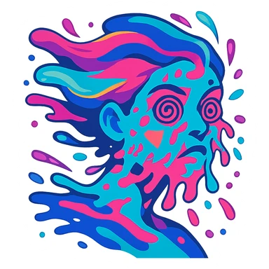 surreal portrait, neon turquoise and electric pink skin, face melting into swirling paint particles, hair as liquid aurora, spiral eyes, geometric shapes on face, dynamic movement sticker