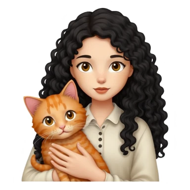 girl with long black curly hair holding a ginger cat sticker