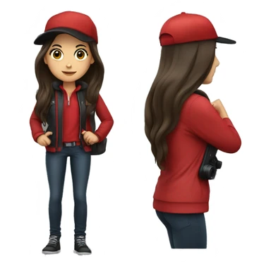 Brunette with long hair in a black cap and a red jacket with a camera sticker
