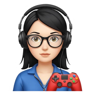 
gamer, woman shiny black hair no eyebrows with glasses, headphone, gamepad sticker